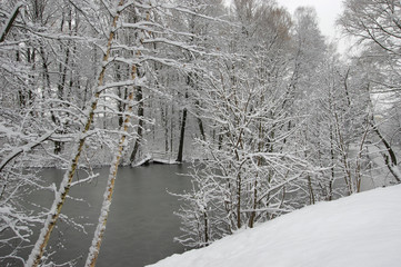 Winter landscape with the river in frosty day
