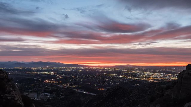 Los Angeles San Fernando Valley mountain view sunrise time lapse.  Shot from Rocky Peak Park in the Santa Susana Mountains in Southern California.