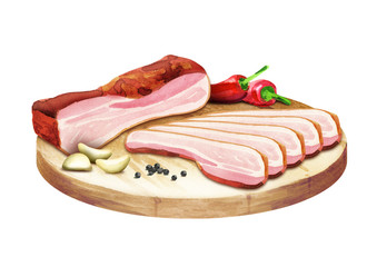 Bacon with spices on the platter. Watercolor