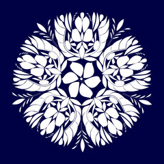 White abstract Christmas snowflake ornament on a blue background