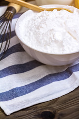 Close up flour and ingredients on Fabric. flour for bake