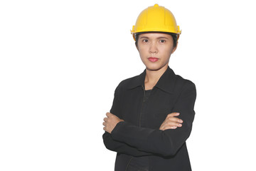 Engineer of Asian women in cross one's arm isolated on white bac