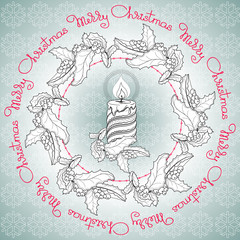 Hand drawn  candle, holly and handwritten words Merry Christmas.