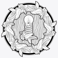 Hand drawn  pattern with Christmas candle and holly berry. 