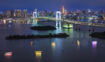 Fototapeta na wymiar Panorama of Rainbow Bridge at night, Tokyo, Japan