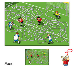 Football match. Educational maze game for children. Vector illustration