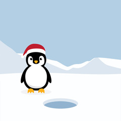 Cute Penguins standing on white snow with Antarctica's winter background. Penguins wearing Santa Claus hat with ice mountain flat design vector illustration.