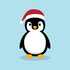 Cute Penguins wearing Santa Claus hat standing on sky blue background flat design vector illustration.