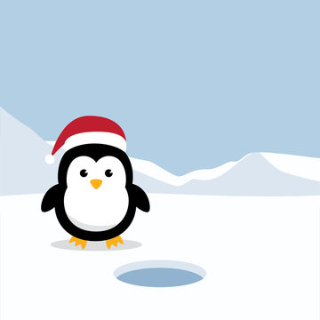 Cute Penguins standing on white snow with Antarctica's winter background. Penguins wearing Santa Claus hat with ice mountain flat design vector illustration.