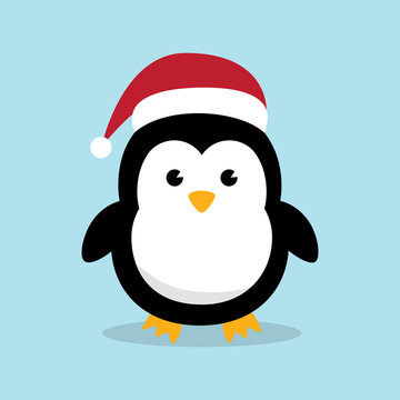 Cute Penguins wearing Santa Claus hat standing on sky blue background flat design vector illustration.