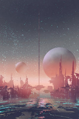 aerial view of sci-fi city with futuristic buildings on an alien planet,illustration painting © grandfailure