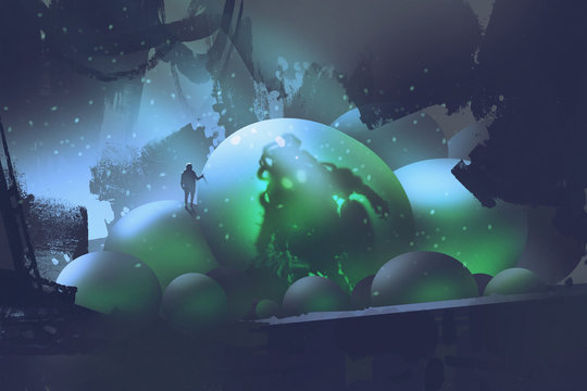 the man standing on glowing eggs with a monster inside,sci-fi concept,illustration painting