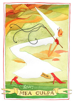 Mea Culpa, Girl at red shoes with lash on pattern background