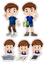 Boy in blue shirt in different actions