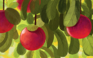 Fresh red purple plums in green leaves