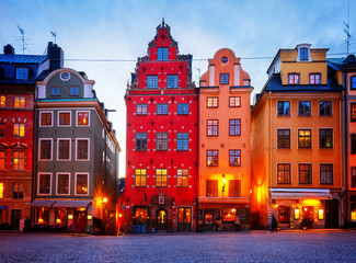 Gamla Stan ols square houses facades at night, Stockholm, Sweden, toned