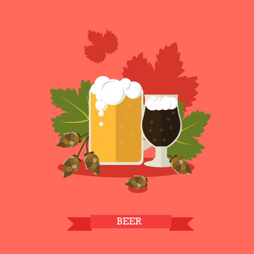Vector illustration of two beer mugs with hops