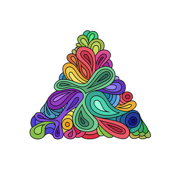 Wavy hipster triangle. Hand-drawn triangle composed from waves and curves on white background. Retro hipster colorful design template.
