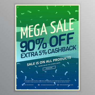 mega sale brochure template in green and blue colors with conffe