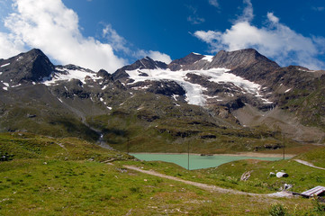 Bernina Alps with the glacier and the White lake, pass of Bernina, Poschiavo, Switzerland