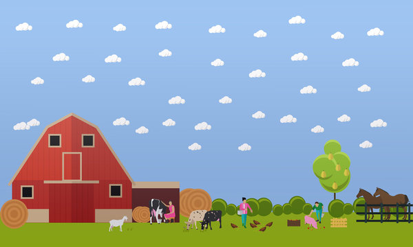 Vector banner of big farm with lots animals