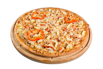 pizza with paprika of cheese on wooden board. for a directory or menu