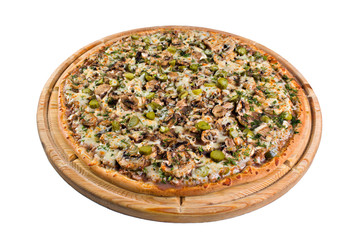 pizza with mushrooms on wooden board. for a directory or menu