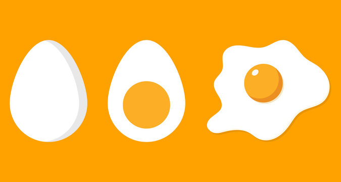 Fried, half and eggs in shell. Eggs isolated on background. Cartoon flat design