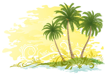 Obraz na płótnie Canvas Exotic Landscape, Green Tropical Palms Trees and Floral Pattern on Yellow and White Background. Eps10, Contains Transparencies. Vector