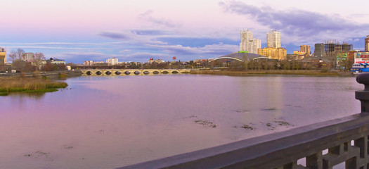 The view from the bridge on the river and the center city of Chelyabinsk.