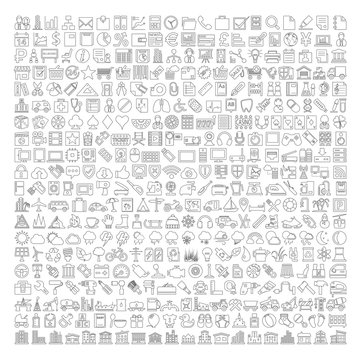 400 Line Icons - Business, Shopping, School Supplies, Medical, Gambling, Multimedia, Computer, Network, Home Appliance, Travel, Winter, Weather, Ecology, Car Parts, Tools, Industry, Baby, Buildings