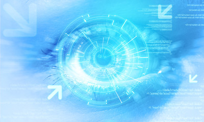 Futuristic technology user interface with an user eye on the bac