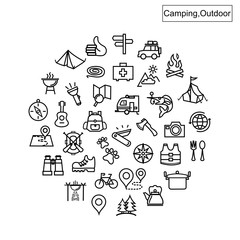 Camping, outdoor, travel. icon set outline vector.