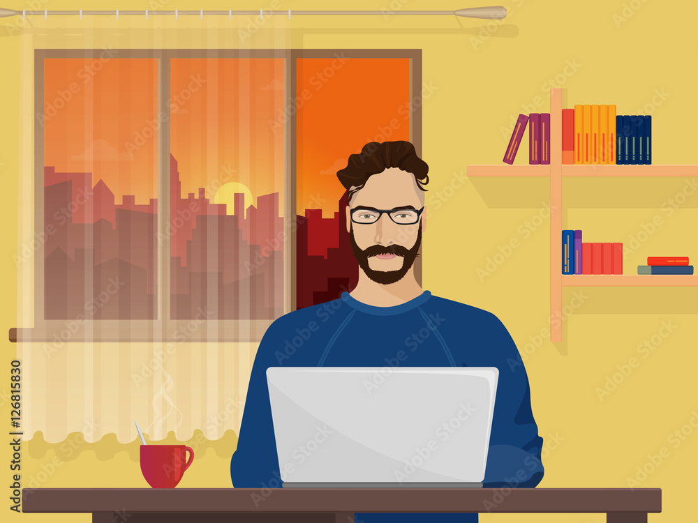 Aufkleber Man Freelancer designer hipster is working coding and programming on his laptop. Man drawing art design project in his own flat apartments.