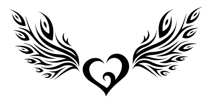 Naklejki Heart with Peacock Feather Wings Tribal Tattoo