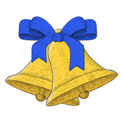 Christmas bells with blue ribbon. Hand drawn sketch
