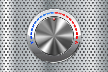 Car air temperature selector. Cold and hot air flow switch on metal perforated background