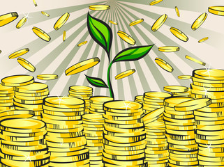 Golden money stacks with green sprout of wealth tree. Gold coins. Retro vector illustration of the shining wealth. Pop art treasure image.