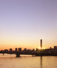 Fototapeta premium 豊洲の夕暮れに形を表す富士山と超高層ビルSkyscraper and Fuji Mountain in sunset