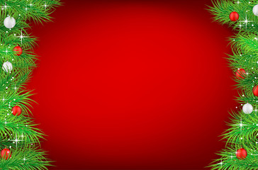 Christmas red background with spruce twigs and christmas balls