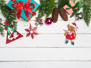 Christmas decoration cute object  ,snow,ball color,ribbon, with wood background  Top view,flat lay composition