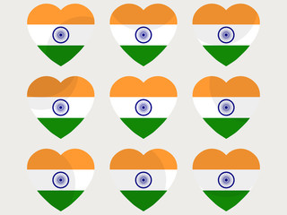 Hearts with the Indian flag. I love the India. Indian flag icon set. Vector illustration.