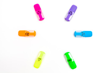 Pastel of Hi Lighter and stationery isolated on white background.