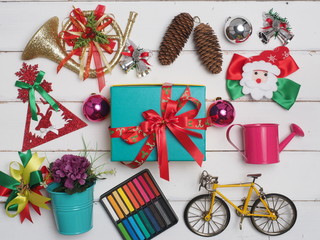 Top view  , Flat lay  Christmas decoration with wood background . cute object  decorate .