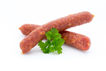 Smoked sausage salami isolated on a white background.