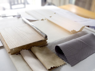 samples of material, wood , color , fabric curtain,stainless ,ceramic , for interior design