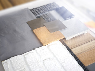 Samples of material, wood , color , fabric curtain,stainless ,ceramic , for interior design. 