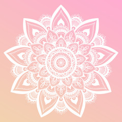 Round mandala on dreamy gradient background. Translucent mesh pattern in the form of a mandala. Mandala with floral patterns. Yoga template.