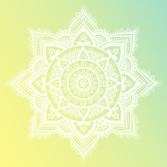 Round mandala on dreamy gradient background. Translucent mesh pattern in the form of a mandala. Mandala with floral patterns. Yoga template.