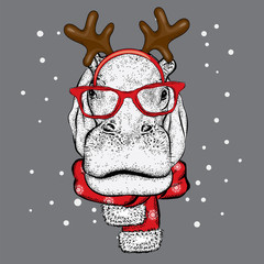 Funny Hippo in glasses and with horns. Hippopotamus in a deer costume. Vector illustration for a card or poster, print on clothes. New Year's and Christmas.